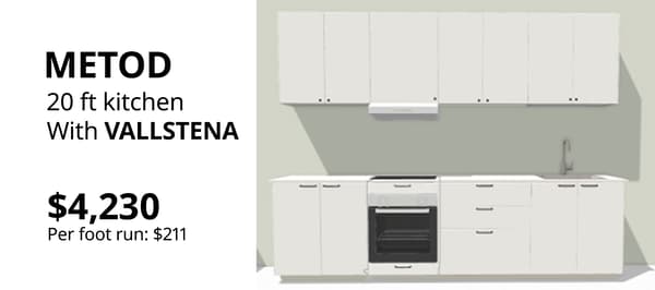 METOD kitchen with VALLSTENA white cabinet fronts, wall cabinets and base cabinets in a straight-line kitchen layout.