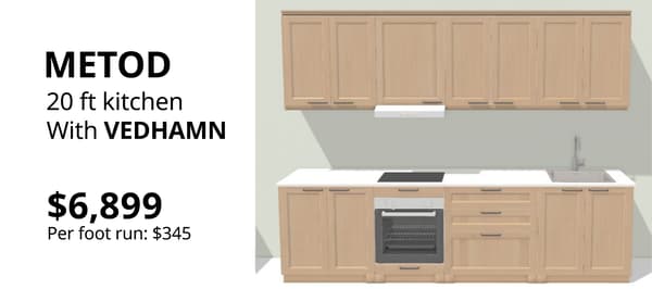 METOD kitchen with VEDHAMN oak cabinet fronts in a contemporary straight-line kitchen layout.