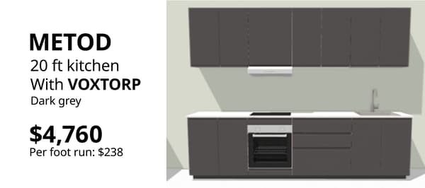 METOD kitchen with VOXTORP dark grey handle-free cabinet fronts in a contemporary straight-line kitchen layout.