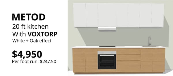 METOD kitchen with VOXTORP white wall cabinets and oak-effect base cabinets in a modern linear kitchen design.