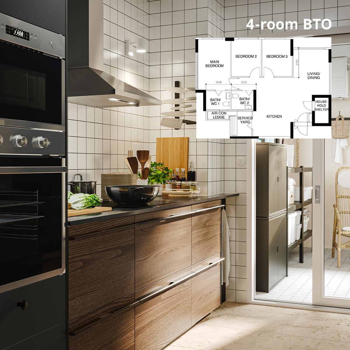 METOD with brown stained oak effect door front in a kitchen setting. On the top right-hand corner, a 4-room BTO floor plan is overlay on the image.
