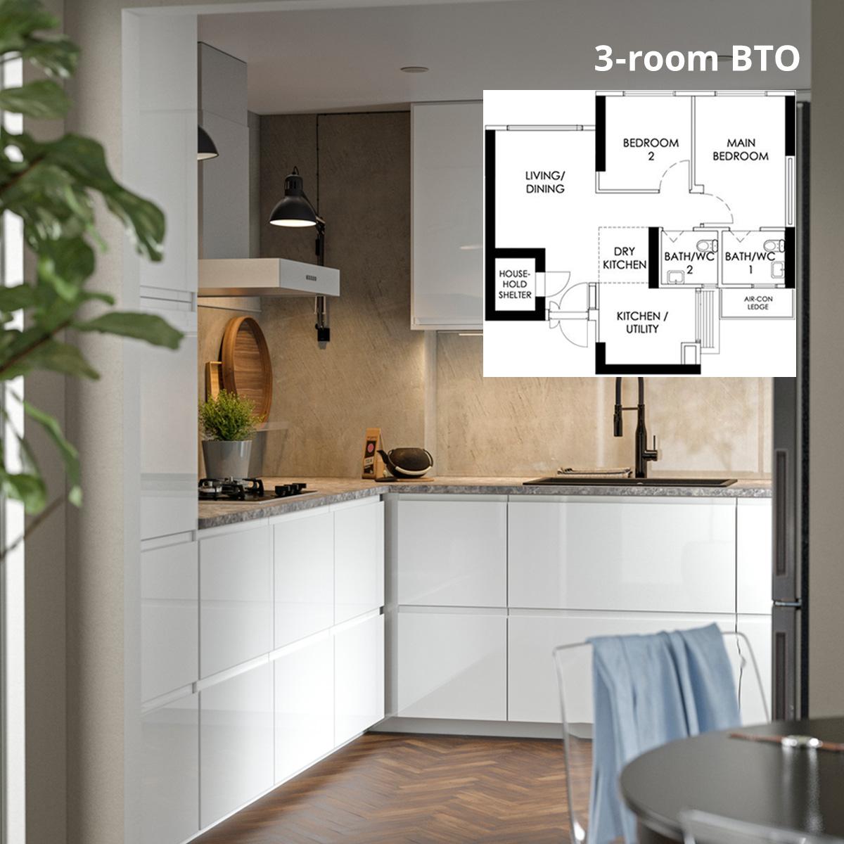 METOD with VOXTORP matt white door front in a kitchen setting. On the top right-hand corner, a 3-room BTO floor plan is overlay on the image.