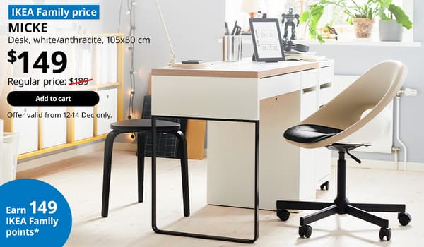 MICKE desk, white/anthracite, 105x50 cm. $149, IKEA Family price. Offer valid from 12-14 Dec 2025. IKEA 12.12 SALE.