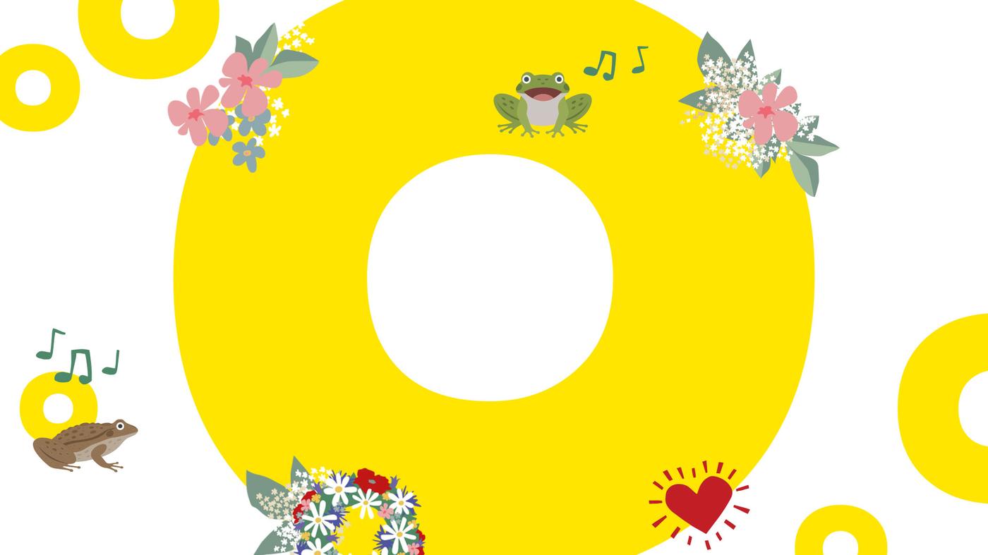 Midsommar Sujet mit gelben Kreisen, Blumen und Frösche