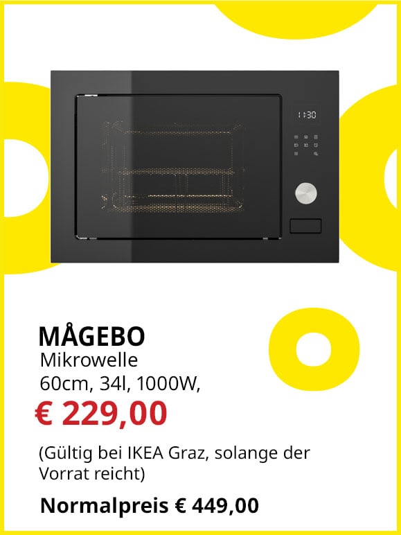 Mikrowelle Mågebo, 60cm, 34l, 1000W, 5 Jahre Garantie, statt € 449 um € 229.