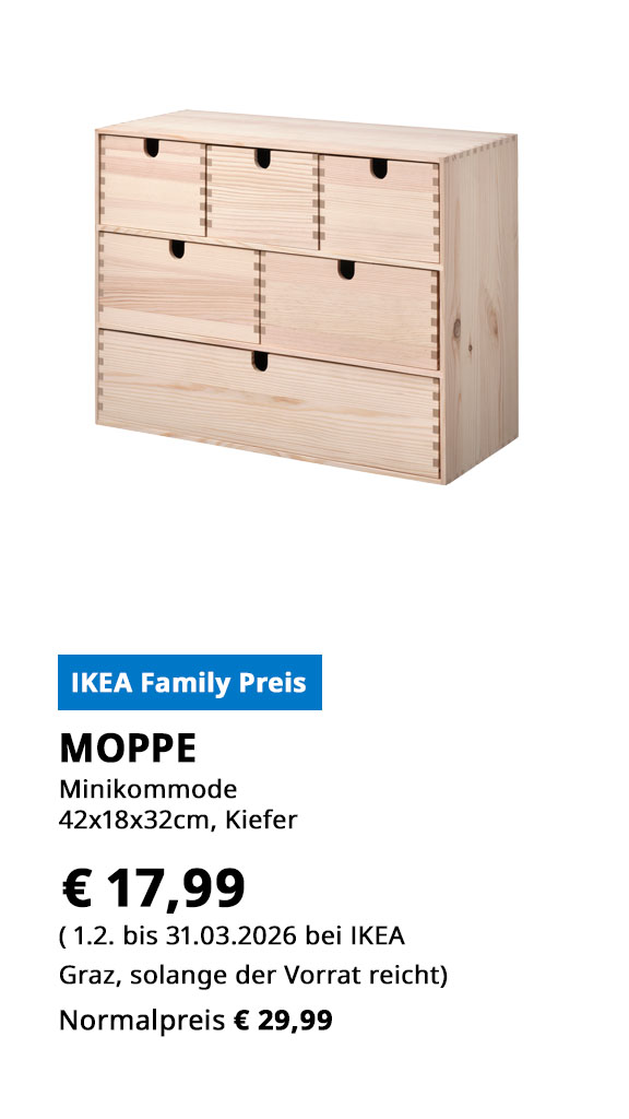 Minikommode Moppe, 42x18x32cm, Kiefer, statt € 29,99 zum IKEA Family Preis von  €  17,99.