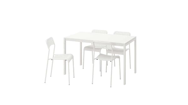 Minimalist white dining set with a rectangular table and four matching perforated chairs.