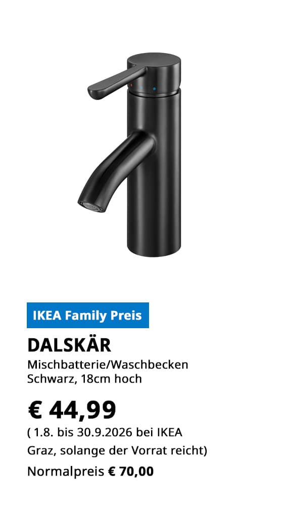 Mischbatterie für Waschbecken Dalskär, schwarz, statt €70 zum IKEA Family Preis von € 44,99.