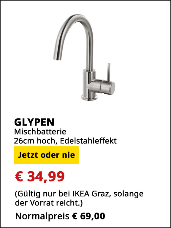 Mischbatterie Glypen, Edelstahleffekt, 26 cm hoch, statt € 69 um € 34,99.