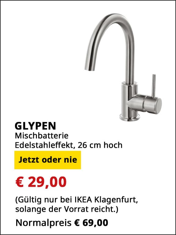 Mischbatterie Glypen, Edelstahleffekt, 26cm hoch, statt € 69 um € 29.