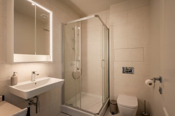 Modern bathroom with a glass shower enclosure, white sink, and wall-mounted toilet.