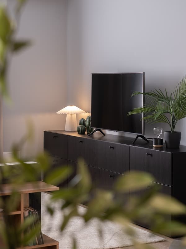 Modern black TV bench with a flat-screen TV, table lamp and decorative plants.
