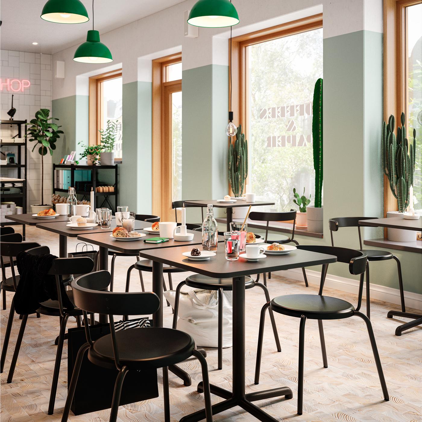 Modern café interior with natural light streaming in, featuring green plants and black furniture.