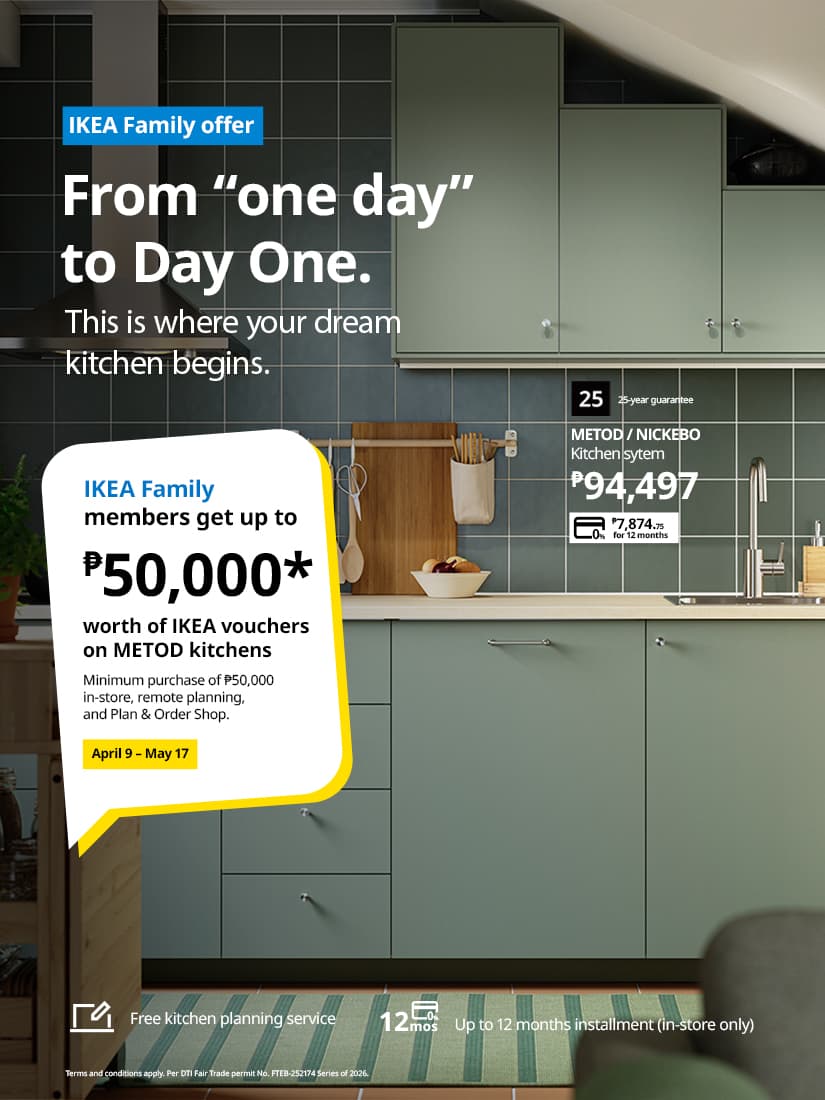 Modern kitchen with green cabinets and tile backsplash. IKEA offer text advertises discounts and vouchers for METOD kitchens, valid April 9 – May 17.