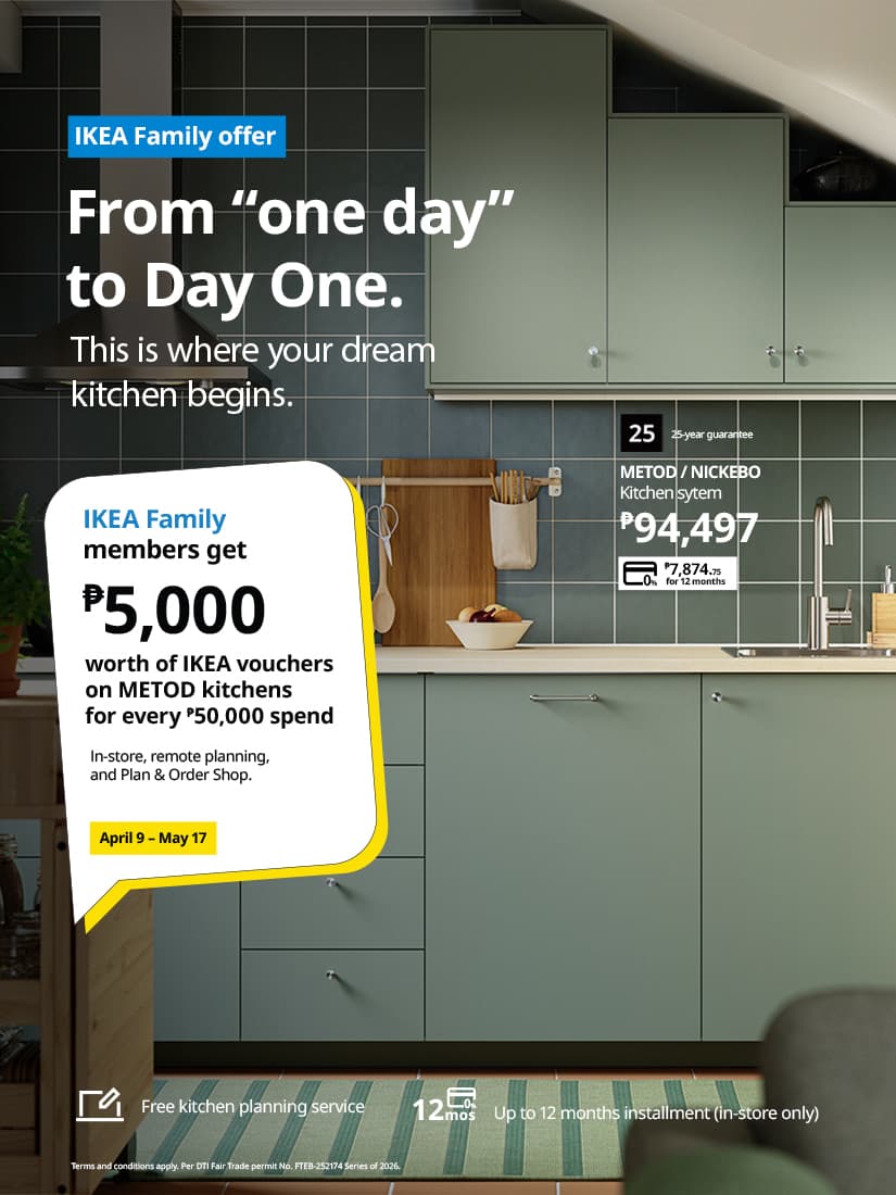 Modern kitchen with green cabinets and tile backsplash. IKEA offer text advertises discounts and vouchers for METOD kitchens, valid April 9 – May 17.