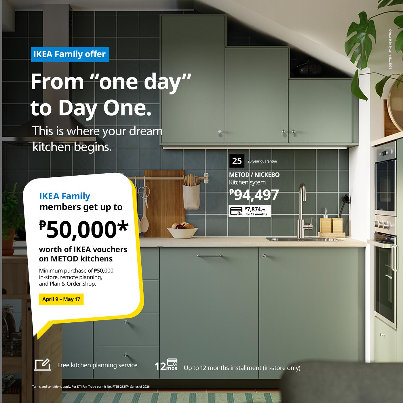 Modern kitchen with green cabinets and tile backsplash. IKEA offer text advertises discounts and vouchers for METOD kitchens, valid April 9 – May 17.
