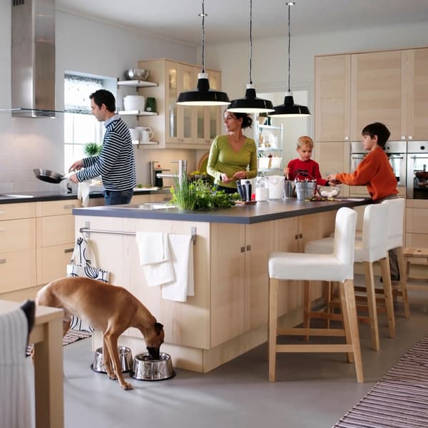 Modern kök med köksö, fyra personer, två barn på pallar, en hund dricker vatten. Ljus träinredning och hängande lampor.