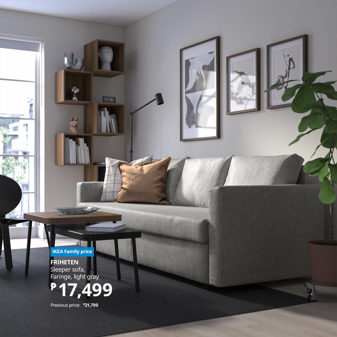 Modern living room featuring a light gray sleeper sofa, wooden shelves, and decorative wall art, with a stylish coffee table and plant.