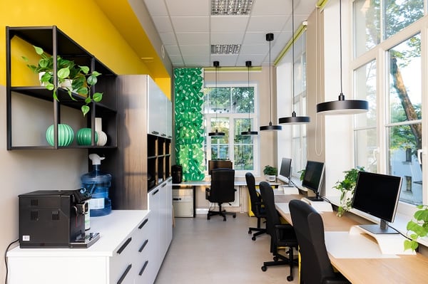 Modern open office with workstations, plants and yellow accent wall design