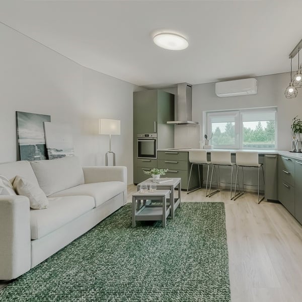Modern open-plan living room and kitchen with a clean, minimal design. A light beige sofa sits against the wall with two canvas artworks leaning beside it. A floor lamp provides soft lighting, and a textured green rug adds color and warmth to the light wood flooring. In front of the sofa, a set of gray nesting coffee tables holds a plant and a book. The kitchen features sage green cabinetry, a built-in oven, stainless steel range hood, and a long counter with white bar stools. A large window lets in natural light, and hanging pendant lights enhance the contemporary aesthetic.