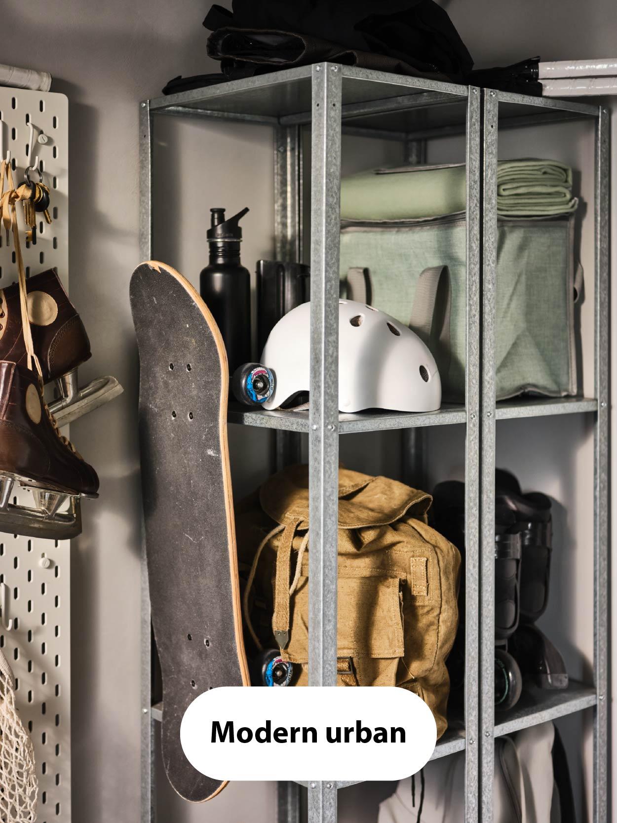 Modern urban – Industrial-style metal shelving holding a skateboard, helmet, bags, and folded clothes in muted tones.