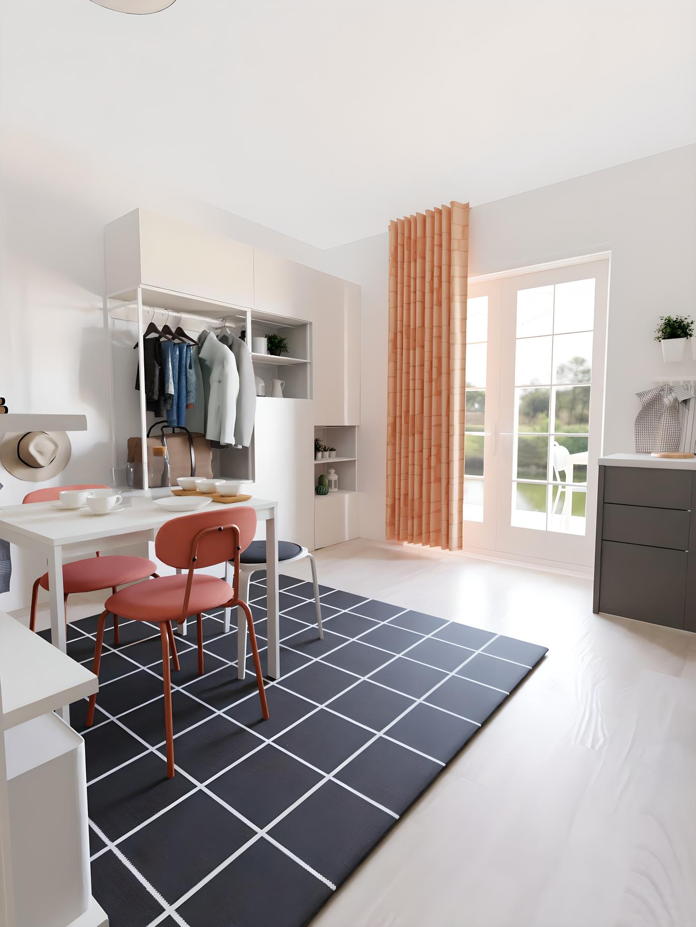 Moderna blagovaonica s bijelim stolom, dvije crvene stolice, crno-bijelim tepihom i velikim prozorima s narančastim zavjesama.