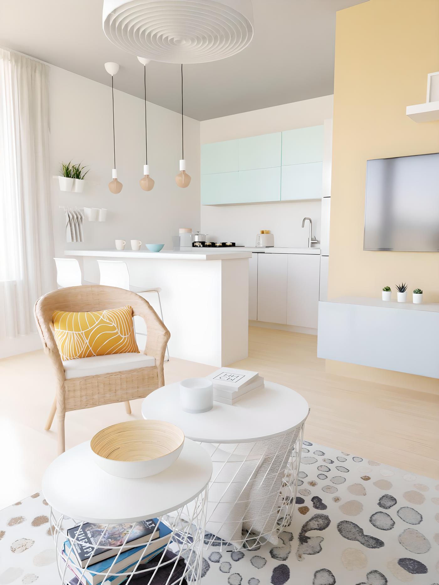 Moderna dnevna soba s kuhinjom, bijelim namještajem, žutim jastukom na stolici i visećim svjetiljkama.