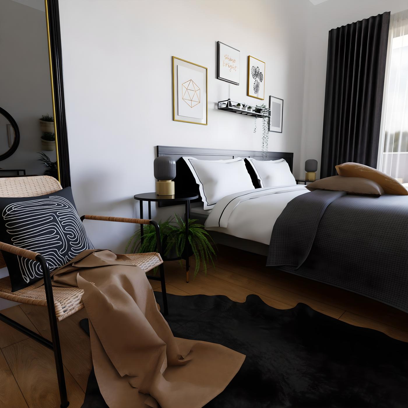 Moderna spavaća soba s crnim zavjesama, bijelim zidovima, krevetom s bijelom posteljinom i crnim pokrivačem, te stolicom s bež dekom.
