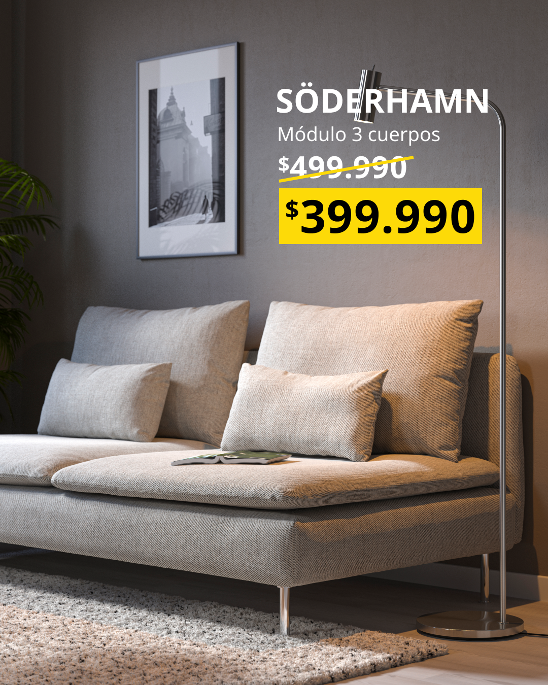 Módulo de sofá SÖDERHAMN de tres cuerpos en tela Viarp gris café, con diseño modular y asiento profundo.