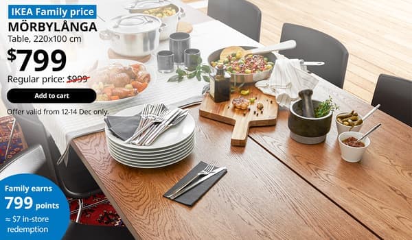 MÖRBYLÅNGA dining table, oak veneer brown stained, 140x85 cm. $799. Offer valid from 12-14 Dec 2025. IKEA 12.12 SALE 