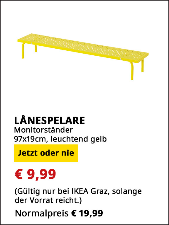 Monitorständer Lånespelare, 97x19cm, leuchtend gelb, statt € 19,99 um € 9,99.