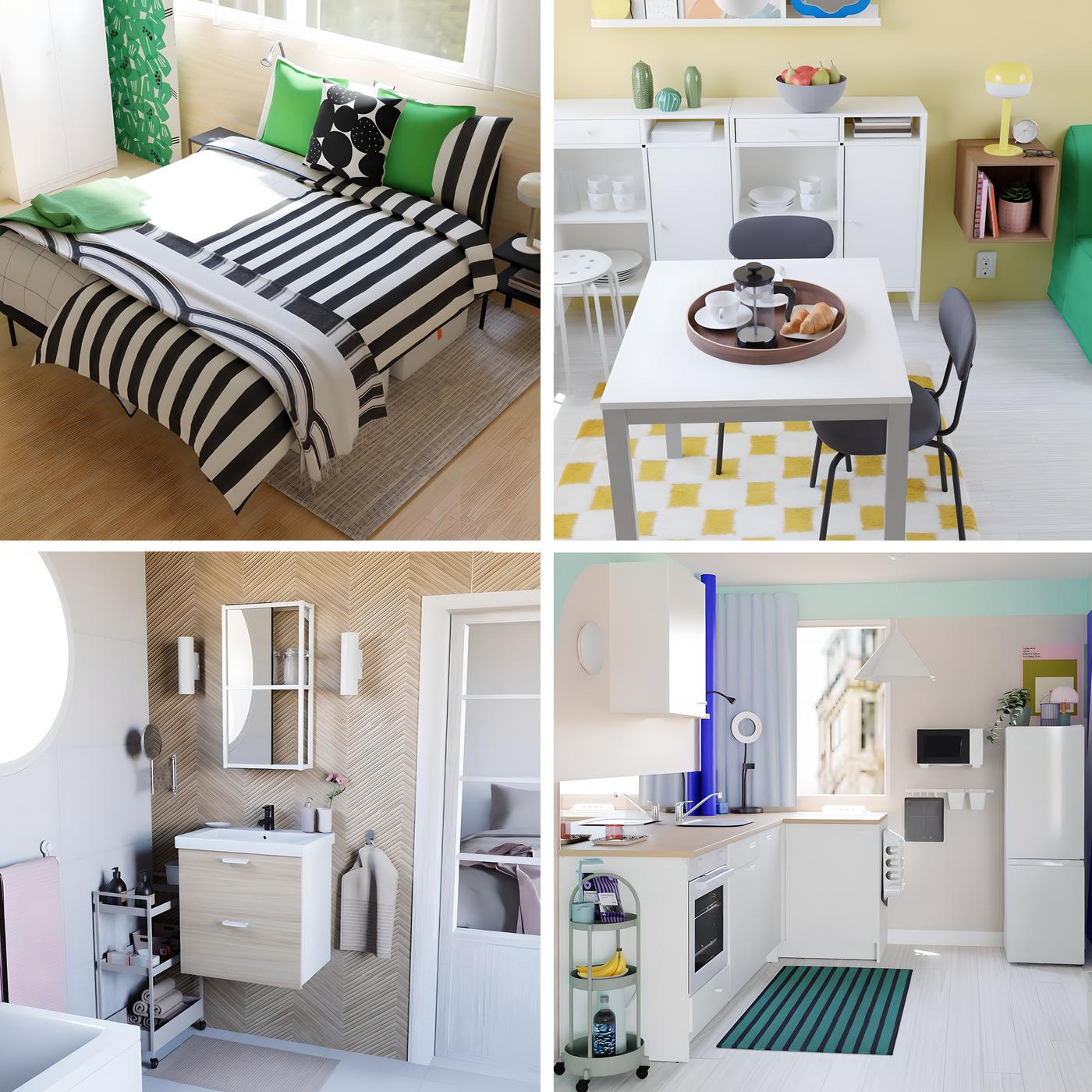 Montage photo de 4 ambiances en 3D : une chambre, une salle à manger, une salle de bain et une cuisine