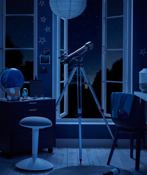 Moonlit room with telescope and high windows opening to a starry-sky background, and poised home telescope at centre.