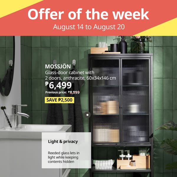 MOSSJÖN glass-door cabinet, showcasing its price, features, and savings against a stylish green background in the bathroom