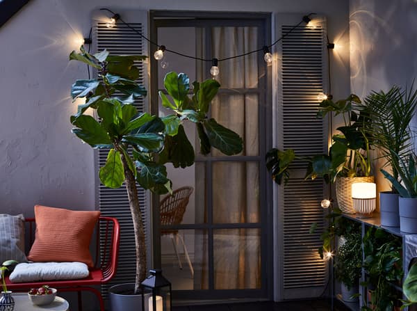 مساحة شرفة مظلمة بها نباتات، مضاءة بمصباح طاولة للأماكن الخارجية، وفانوس وسلسلة إضاءة LED سوداء SVARTRÅ.