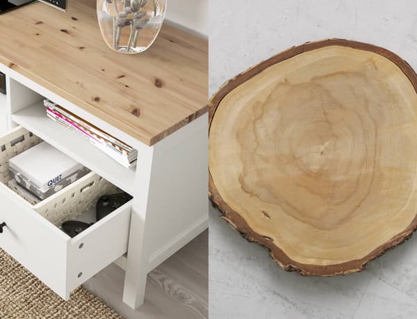 Mueble blanco con madera HEMNES con cajones abiertos. 