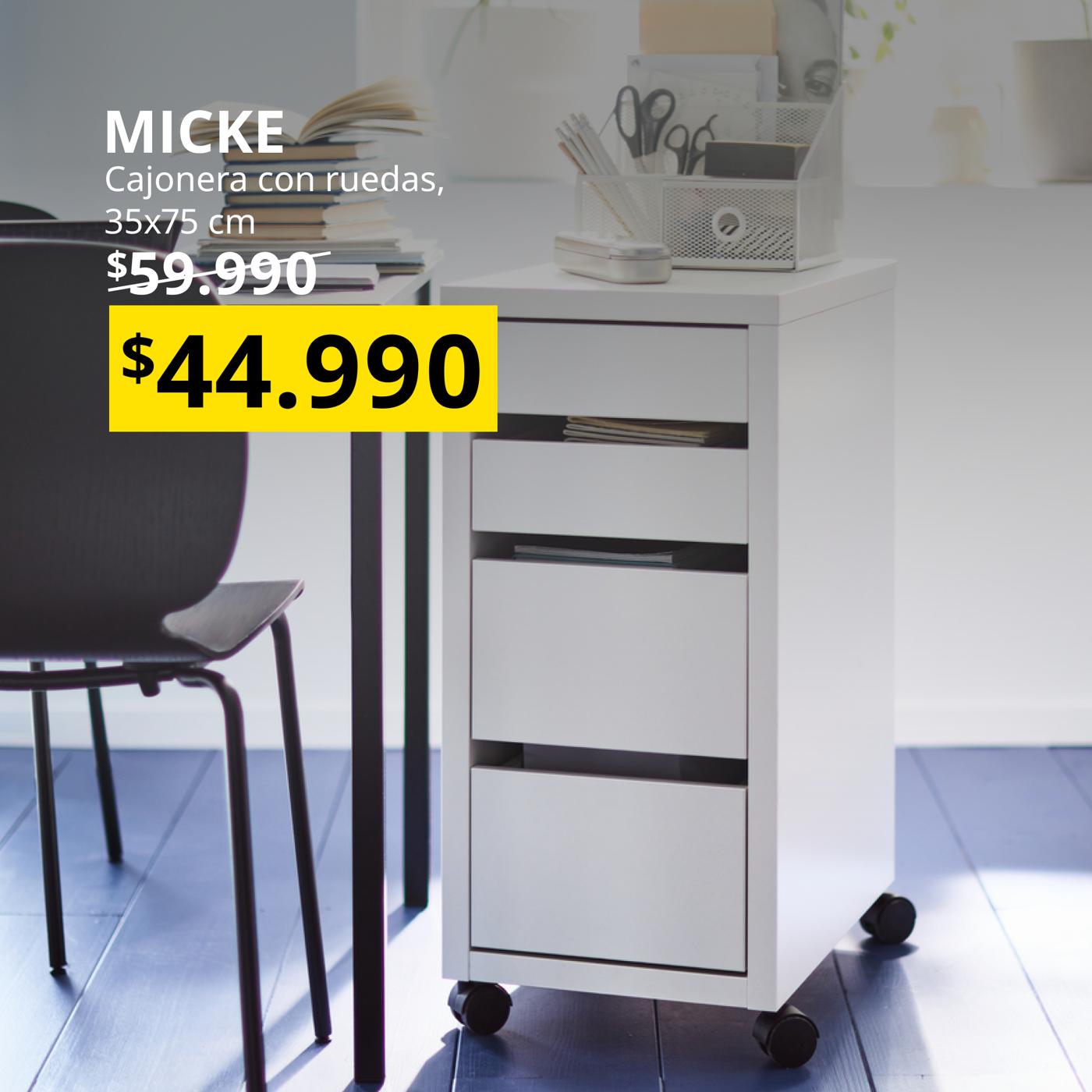 Mueble MICKE blanco de 35x75 cm con tres cajones y ruedas, diseño minimalista y acabado posterior terminado que permite ubicarlo al centro de la habitación