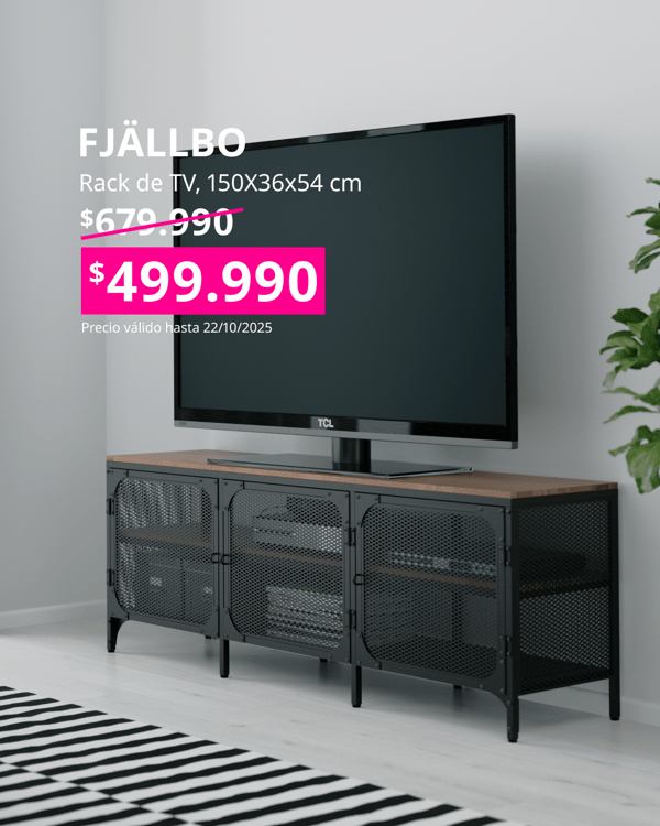 Mueble para TV negro con cubierta de madera a precio oferta en un cuadrado fucsia