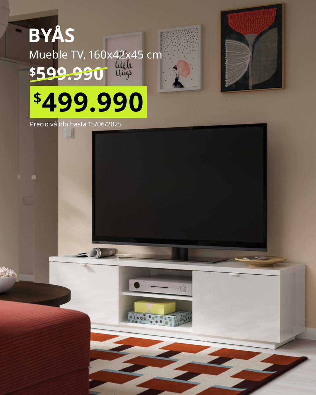 Mueble TV BYÅS blanco alto brillo 160x42x45 cm, diseño moderno minimalista oferta Black Friday