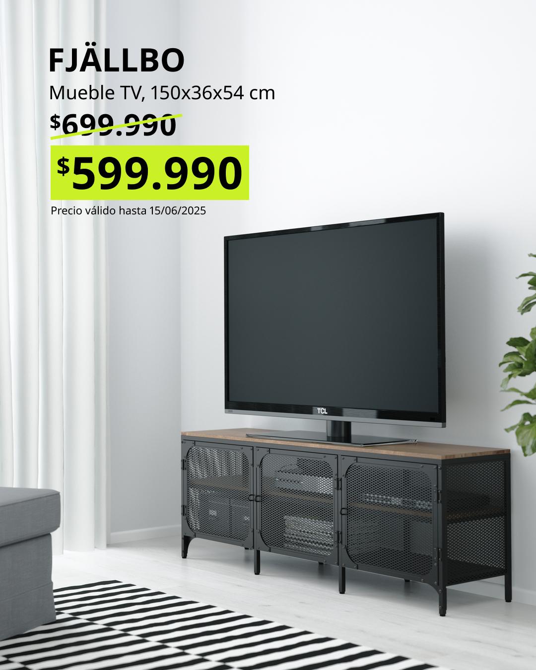 Mueble TV FJÄLLBO negro 150x36x54 cm estilo industrial metal y madera, rack televisión oferta Black Friday