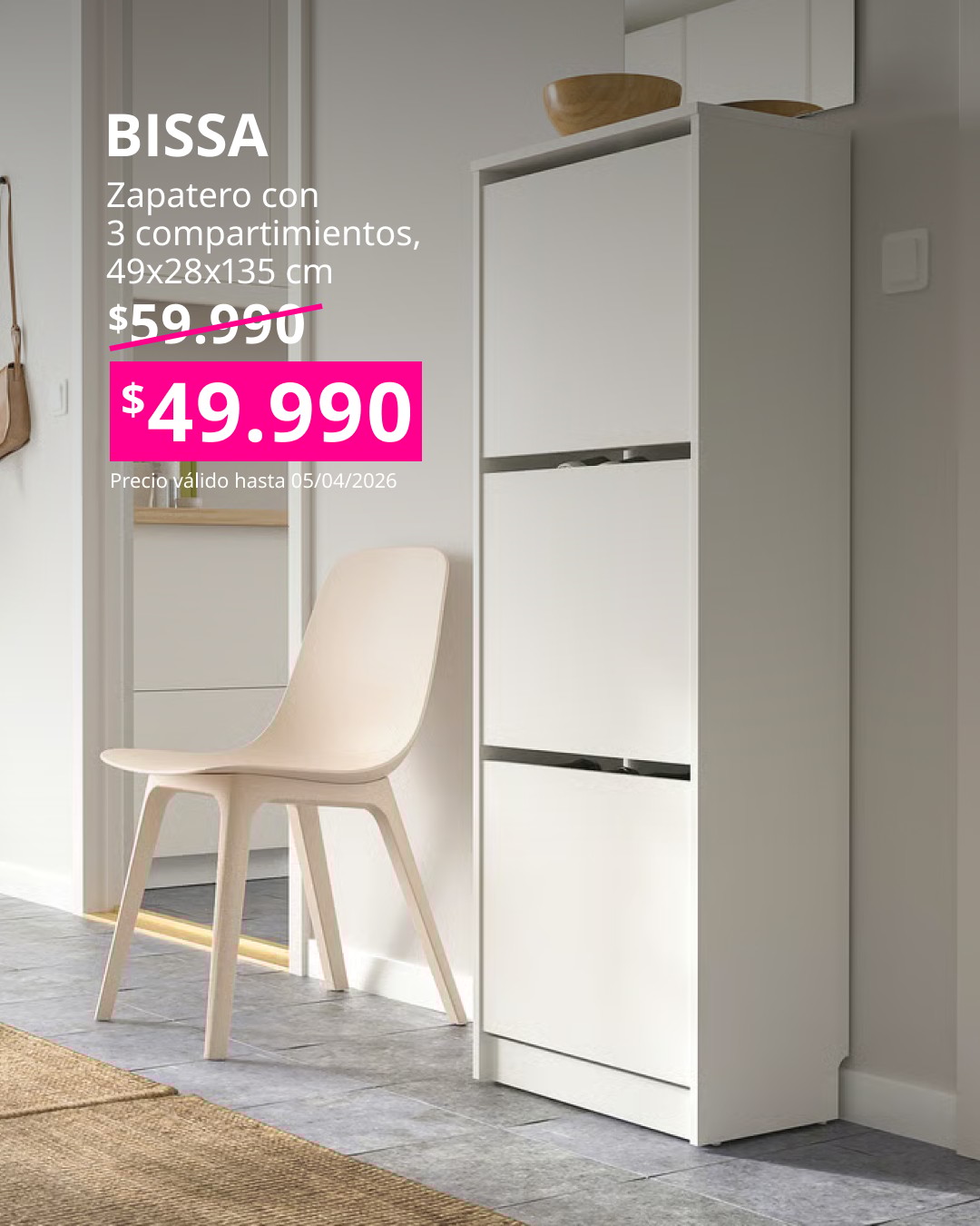 Mueble zapatero BISSA con tres compartimientos en color blanco, tamaño 49 por 28 por 135 centímetros