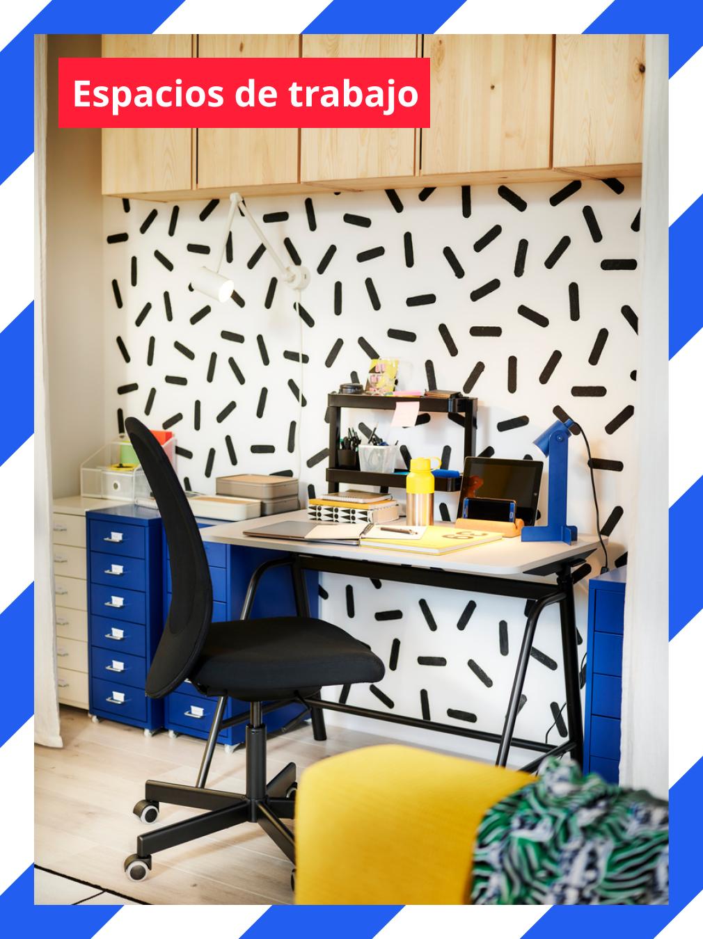 Muebles para espacios de trabajo en casa, con escritorios, sillas y soluciones de organización.