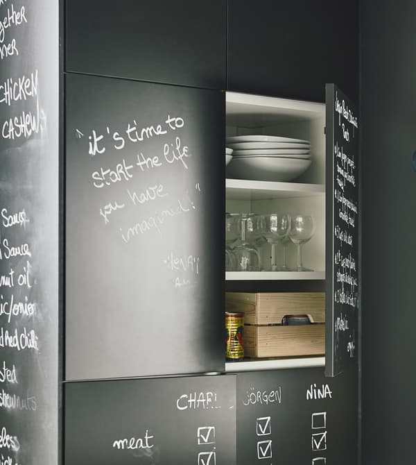 Multi-purpose furniture comes in handy as space saving furniture. IKEA offers a lot of smart products, such as kitchen cabinets with chalkboard doors that work for both shopping lists and storage.
