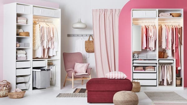 Multiple PAX wardrobes spread out across a decorated room
