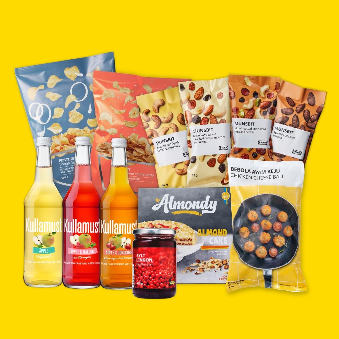 MUNSBIT
Roasted and lightly salted cashew nuts
Mix of roasted and unsalted nuts,cranberries and raisins
Mix of roasted and salted nutsand berries
Roasted and salted almonds
RM5.90 each
Normal price : RM7.50
SYLT Lingon
Lingonberry jam, 400 g
RM15.90
Normal price : RM17.90
KULLAMUST
Apple, 630 ml
Apple & Raspberry, 630 ml
Apple & Strawberry, 630 ml
Buy Any 2 for RM17.90
Normal price : RM25.80
FESTLIGT
Potato Crisps with sour cream & onion flavor, 150 g
Potato Crisps with salt, 150 g
Buy Any 2 for RM17.90
Normal price : RM25.80
Frozen Chicken Cheese Ball, 1 kg
RM21.90
Normal price : RM25.90
Almondy
Almond Cake, 400 g
RM25.90
Normal price : RM29.90