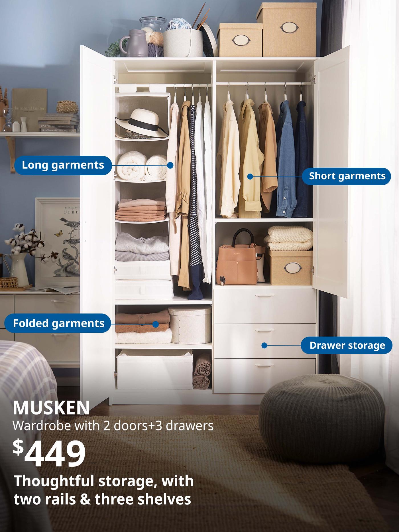 MUSKEN wardrobe with 2 doors+3 drawers, white, 124x60x201 cm. Price: $449