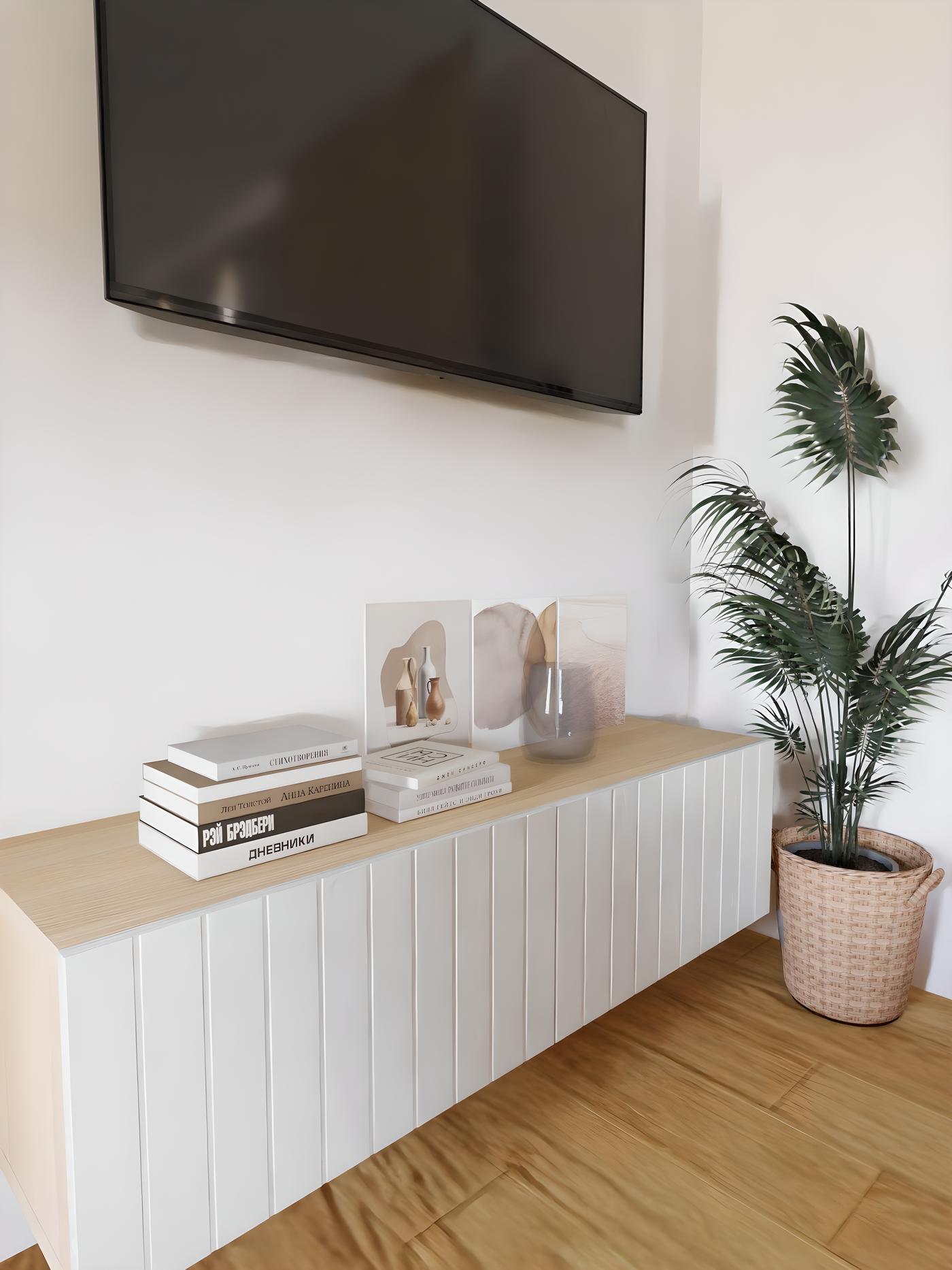 Na slici se nalazi zidni televizor iznad bijelog ormarića s knjigama i ukrasima, te biljka u pletenoj košari sa strane.