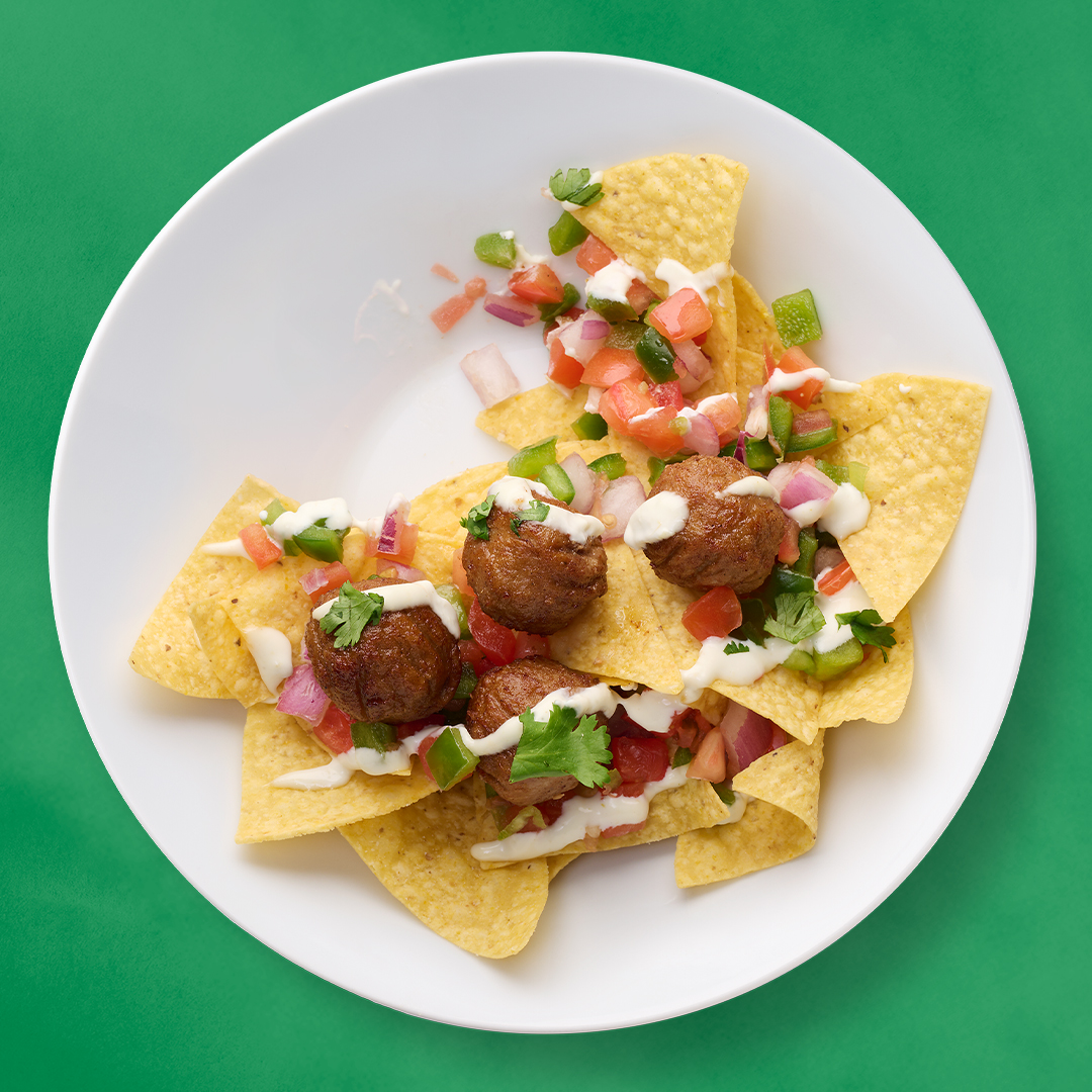 Nachos aux boulettes végétales.