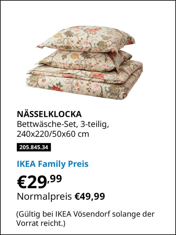 NÄSSELKLOCKA Bettwäsche-Set, 3-teilig, helles Graubeige/bunt, 240x220/50x60 cm
Artikelnummer 205.845.34 statt € 49,99 zum IKEA Family Preis von € 29,99 