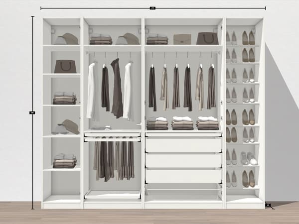 Nagy fehér ruhásszekrény nyitott részekkel, ruhafogasokkal, összehajtogatott ruhákat tartalmazó polcokkal, fiókokkal és oldalsó rész cipőknek.